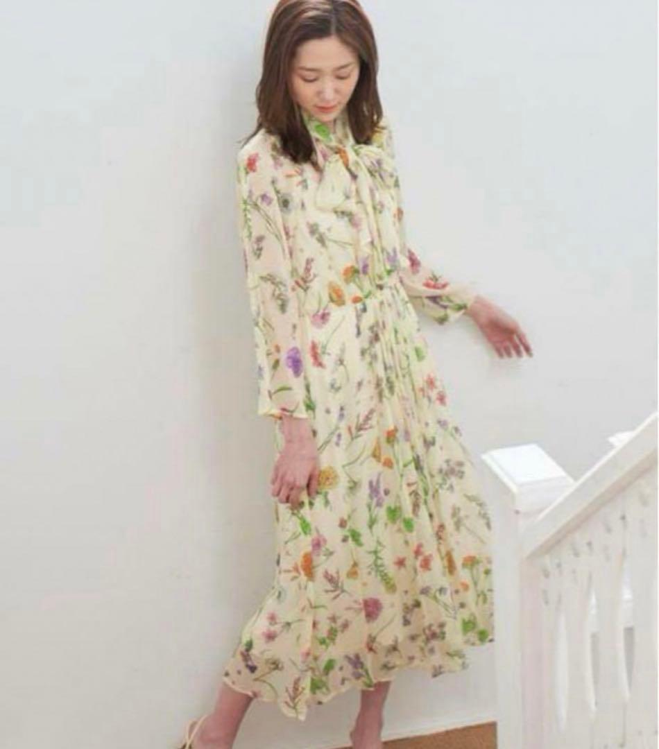 アナイ ロングワンピース 花柄 シフォン シースルー ベルト ホワイト M