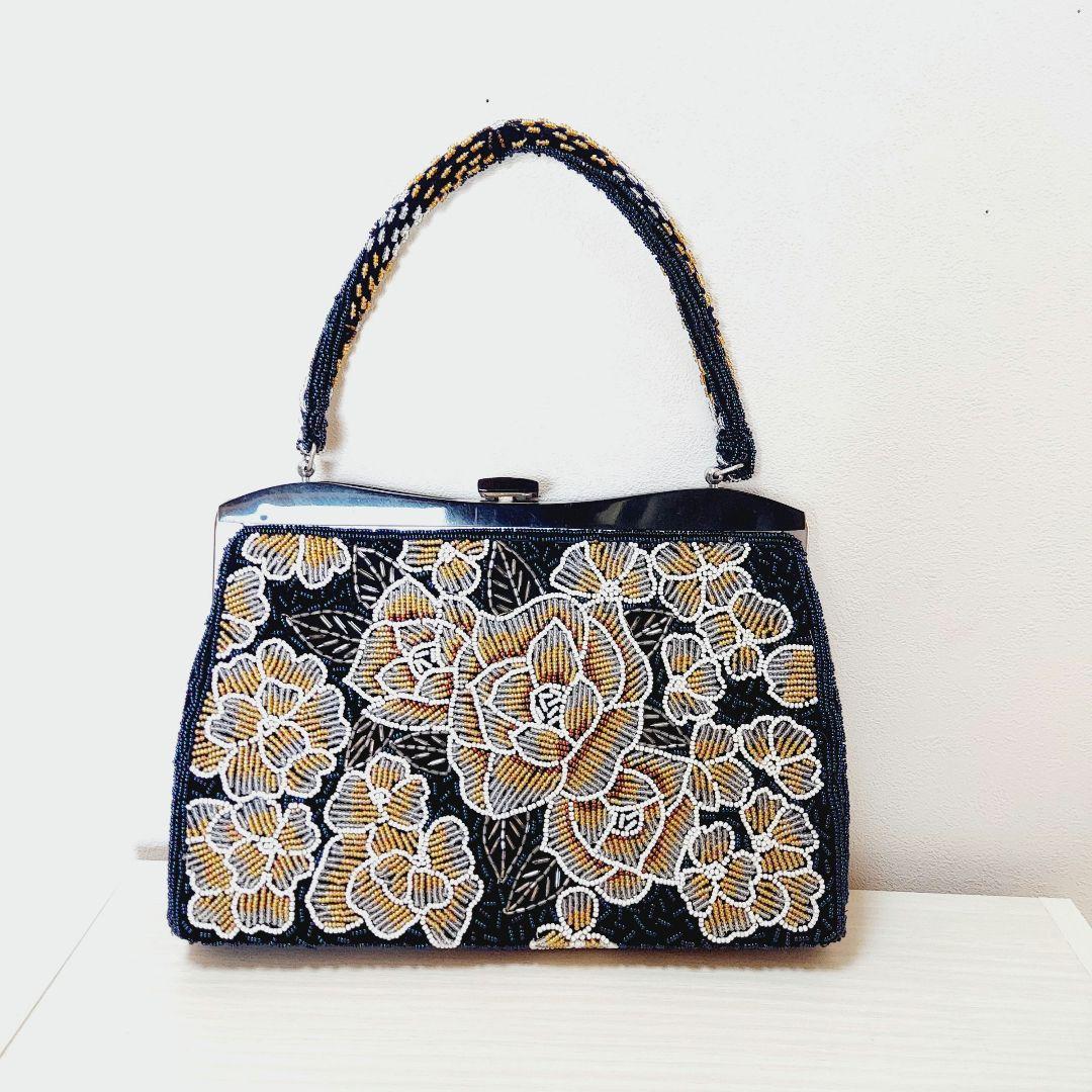花柄刺繍 和装用バッグ　ビーズ刺繍ハンドバッグ　和装小物　ビーズバッグ　バラ柄