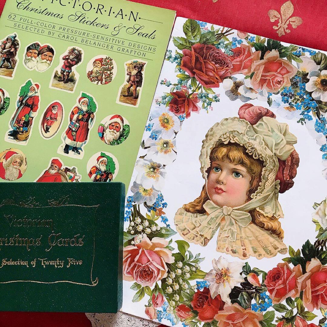 ヴィクトリアン洋書クリスマス紙モノセット♡少女 猫 クロモス ジャンクジャーナル