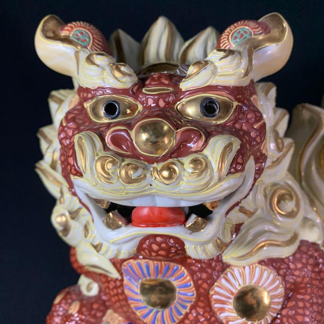 K767⭐︎九谷焼 迫力の特大サイズ 金蘭手 玉乗り獅子 高さ36センチ 魔除け