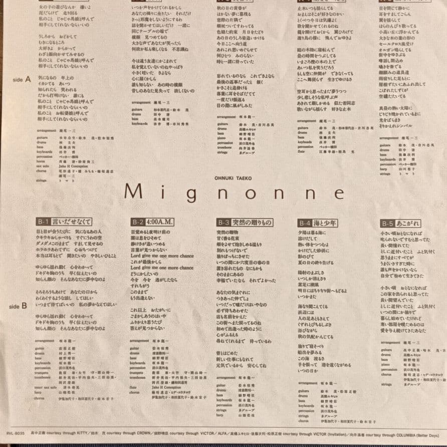 大貫妙子 ミニョンオリジナル 美品LP