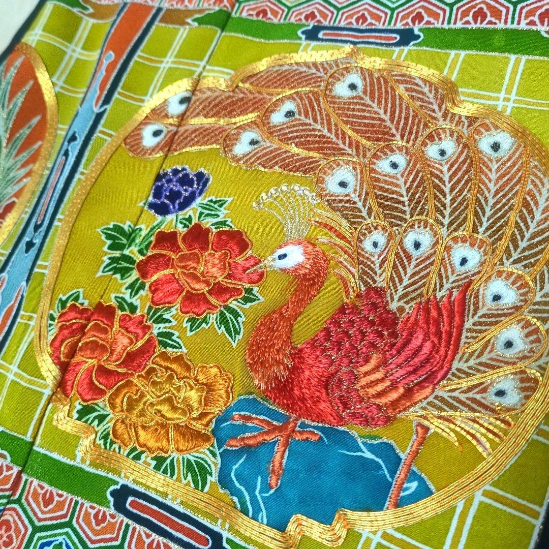 SALE☆丸紋 孔雀 鶴 花々 刺繍 留袖リメイクケープドレス*