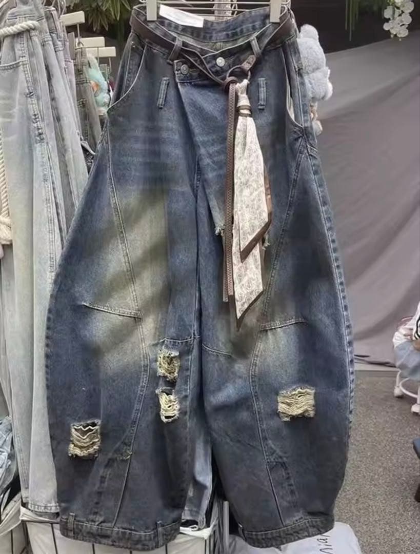 バルーンデニム　ダメージ加工　リメイク風デニム　ウォッシュ加工　韓国系　Y2K