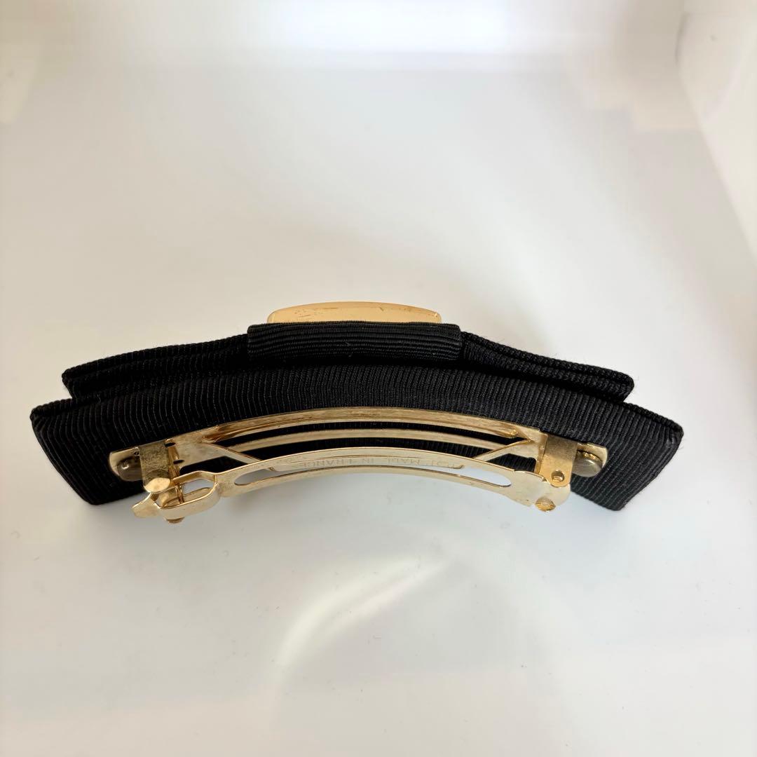 【美品】【セリーヌ】CELINE ロゴ リボン バレッタ 黒 ゴールド色金具