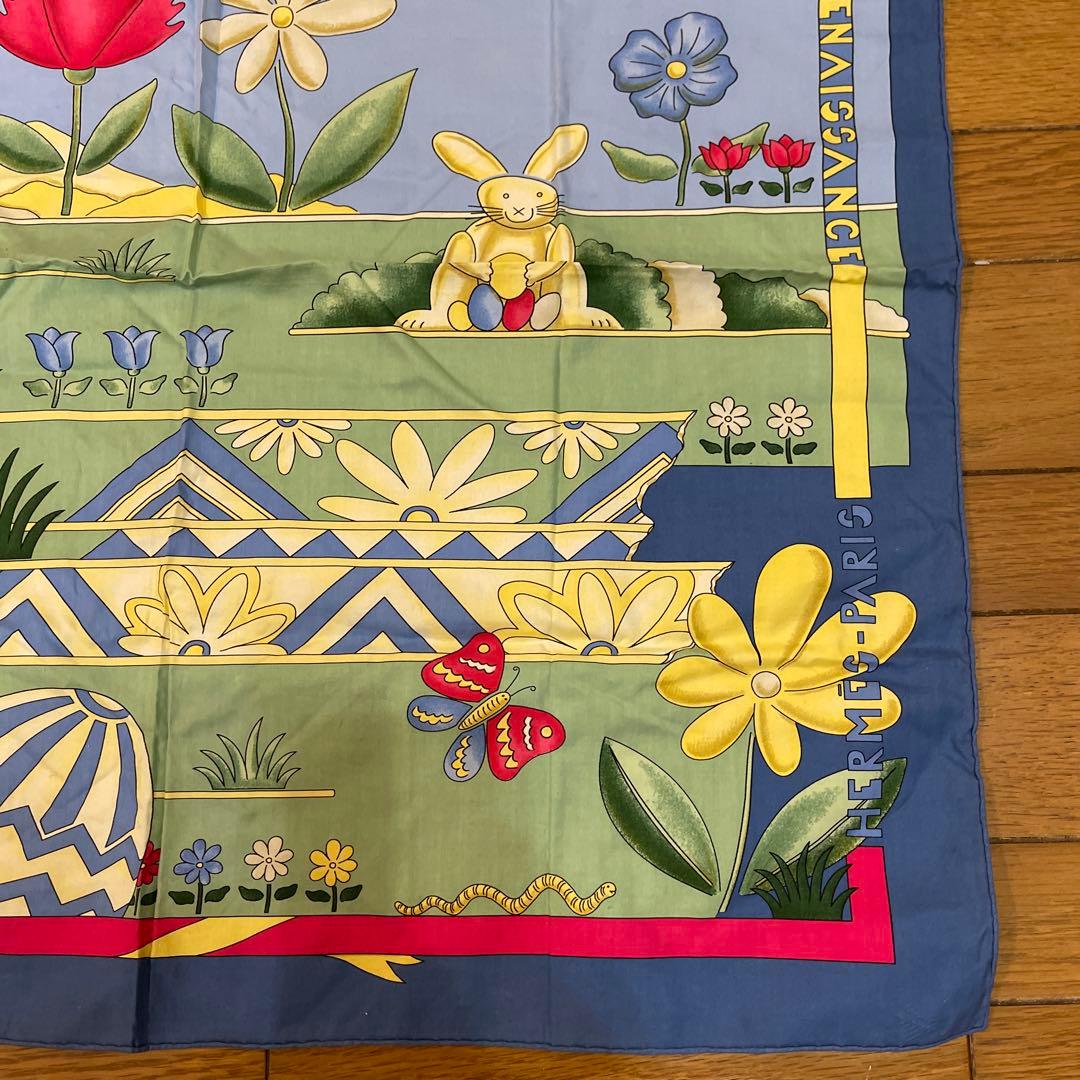 エルメス　コットン 春の花とウサギのイラスト スカーフ