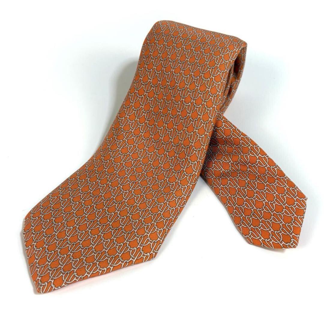 【美品】HERMES シルク チェーン ネクタイ 総柄 オレンジ フランス製