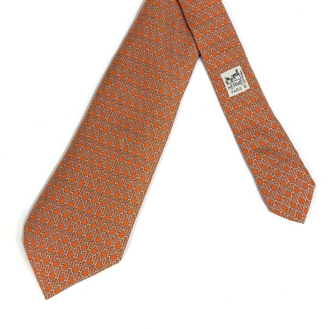 【美品】HERMES シルク チェーン ネクタイ 総柄 オレンジ フランス製