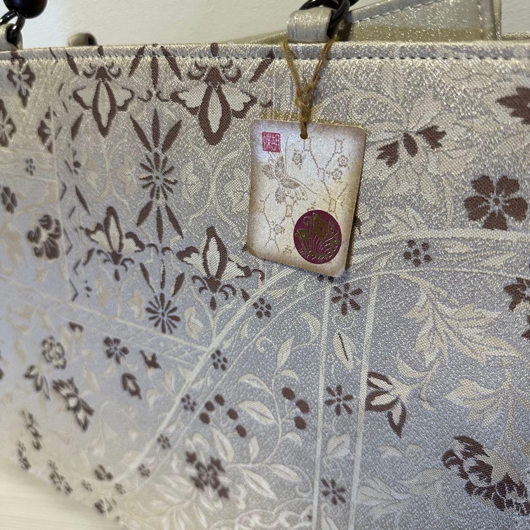 【新品】日本製 小川　和装バッグ 木製ハンドル 花柄 ベージュ トートバッグ