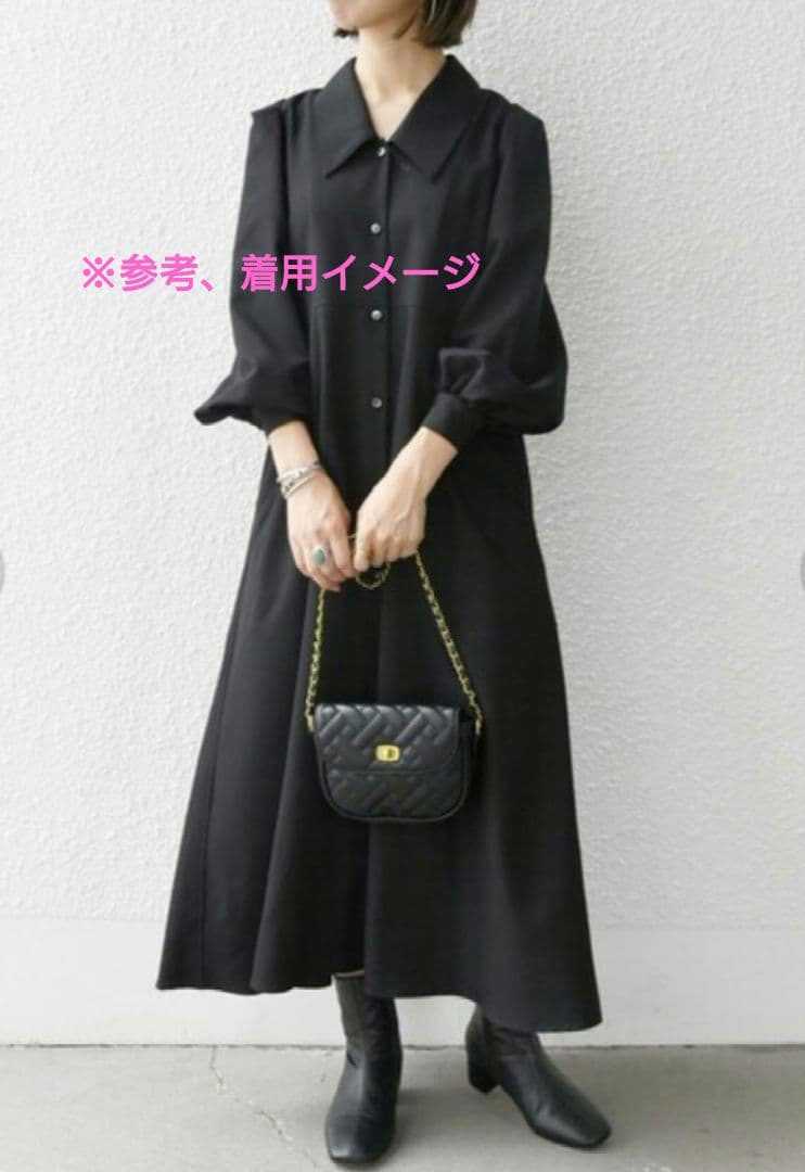 【SHIPS】フラットカラー パフ シャツ ワンピース 黒 ONE SIZE