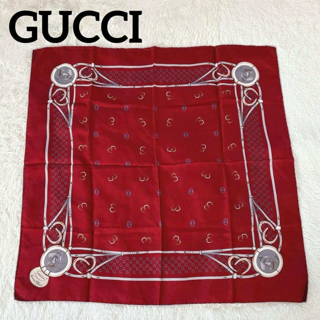 GUCCI ヴィンテージ スカーフ 馬モチーフ シルク100% イタリア製　赤系