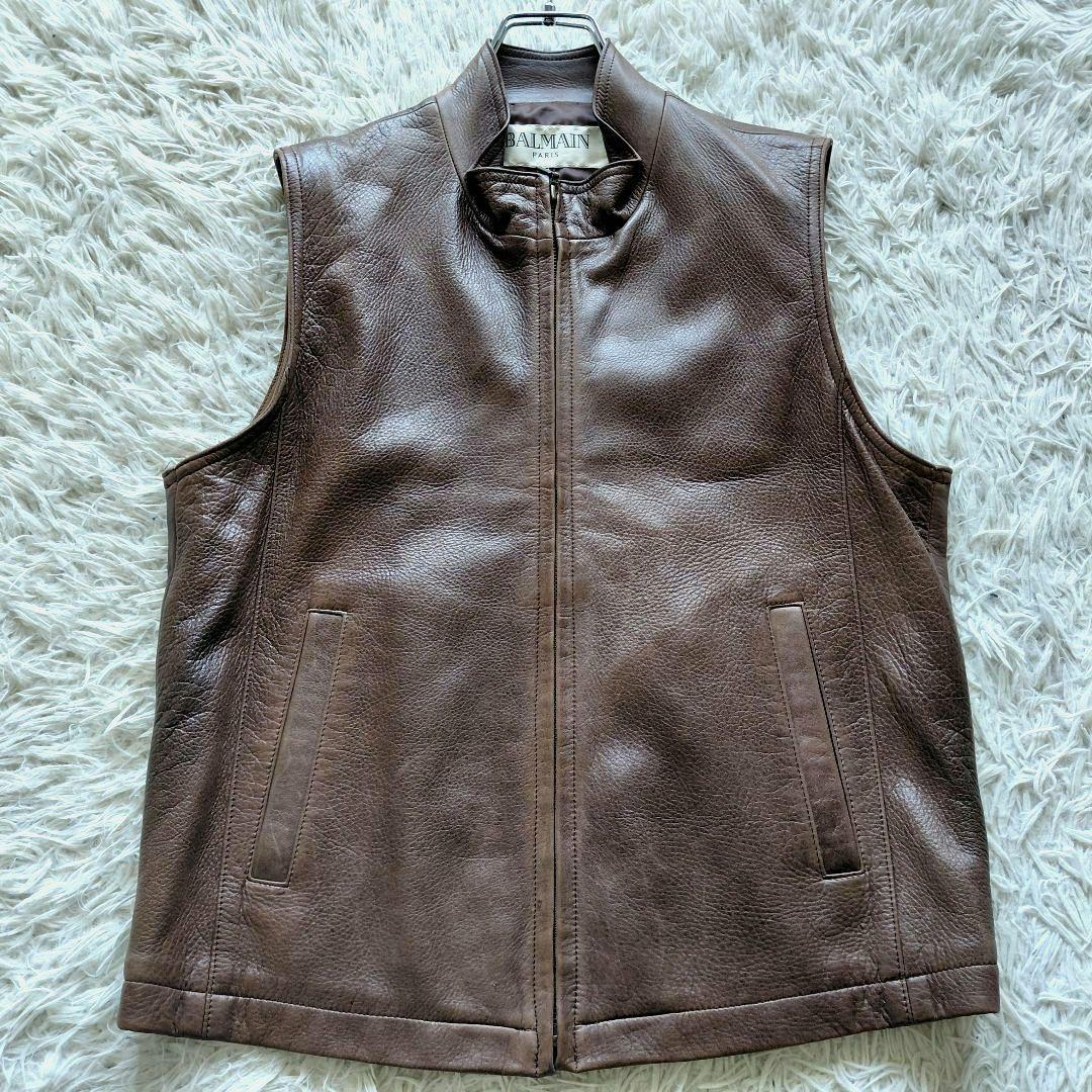 BALMAIN archive vintage シボ皮ラムレザーベスト ブラウン
