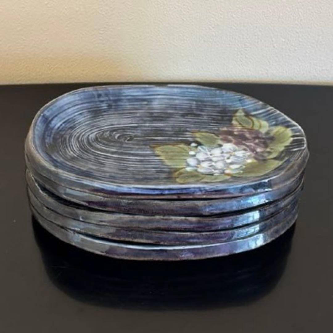 か*ん様 和食器 京焼 陶葊 土渕陶あん 楕円皿 貫入陶器 紫陽花 5枚セット