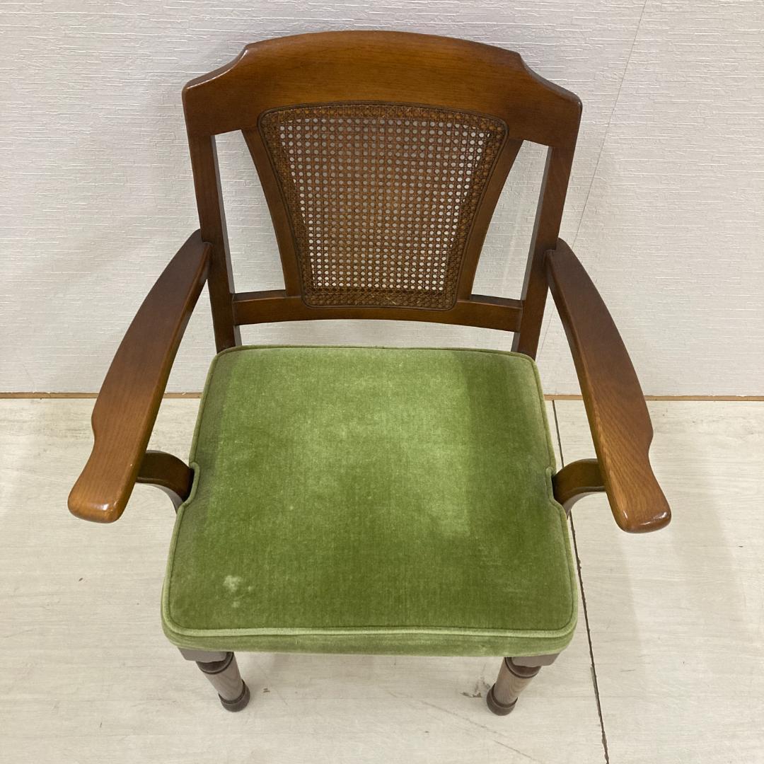 【飛騨産業】キツツキ　モケットグリーン　アームチェア　椅子　ダイニングチェア２脚