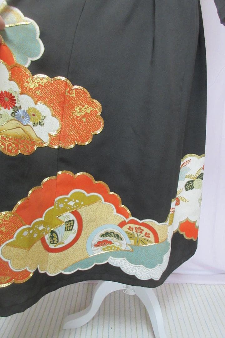 留袖リメイク 花柄　金糸刺繍 ロングドレス シルク　ウエストリボン紐付 かぶり