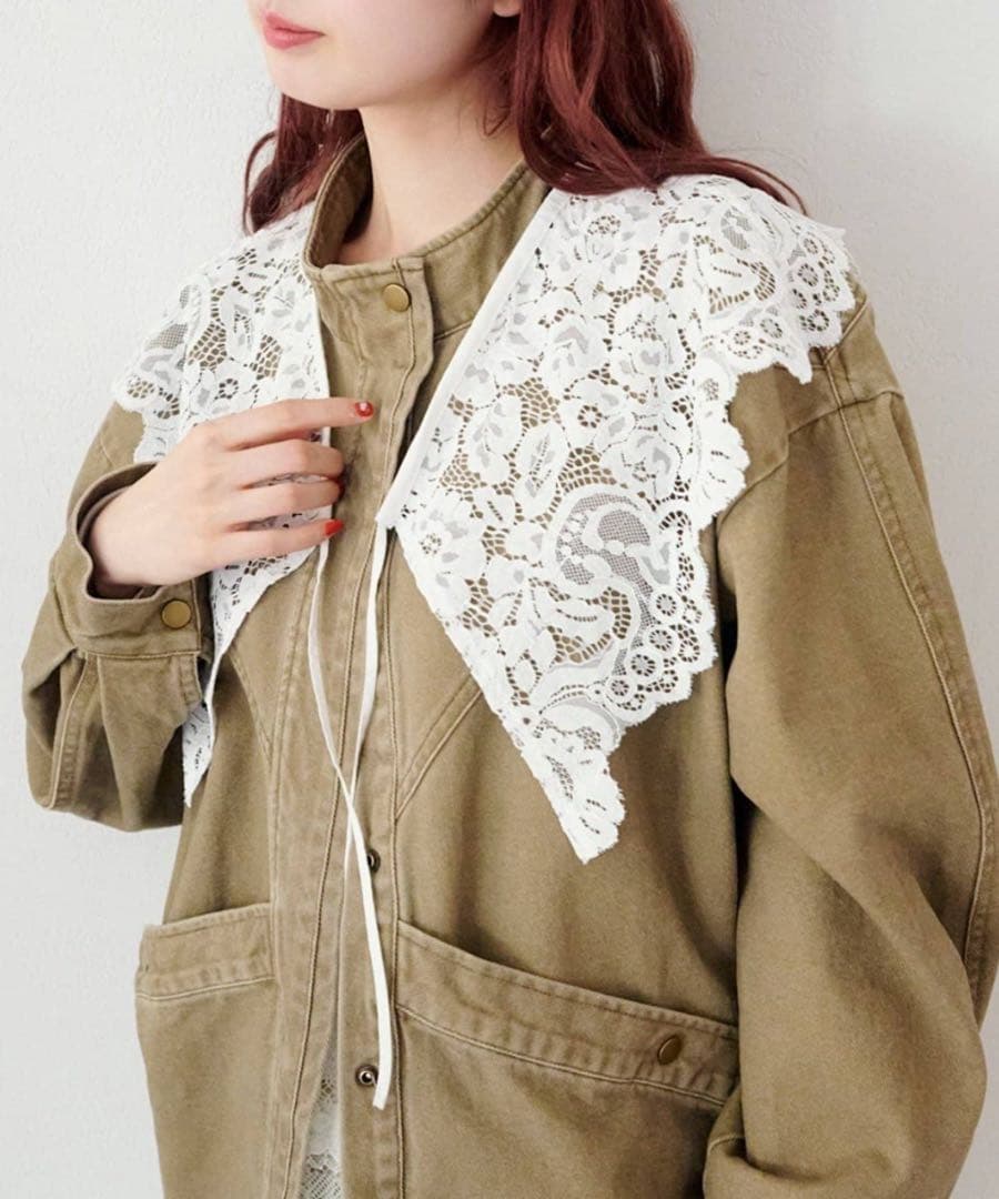 新品　Kastane カラーツイルレース付きジャケット　カスタネ カーキ