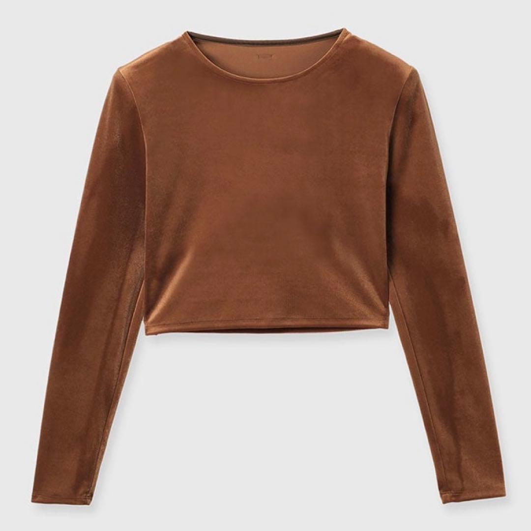 【美品】anuans アニュアンス ベロアクロップドカットトップス BROWN