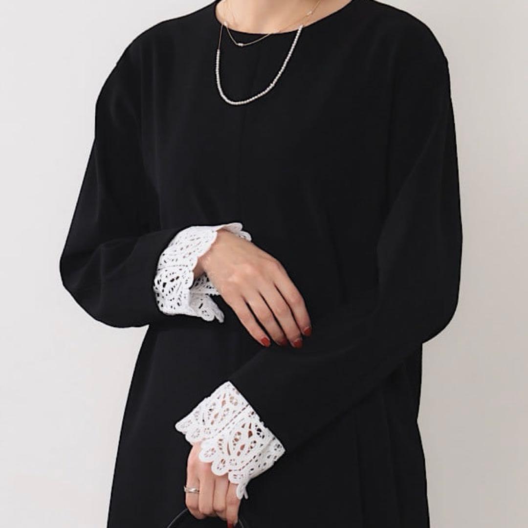 Demi-luxe Beams ダブルクロスレースカフスワンピース 紺