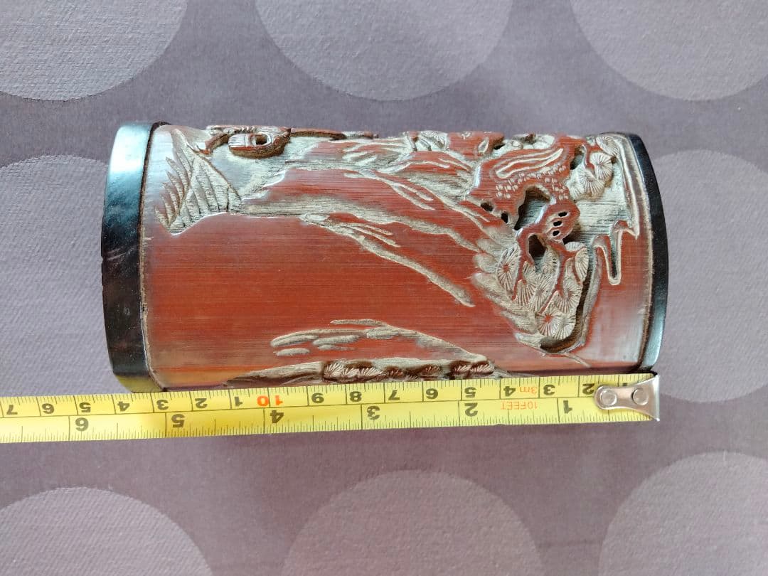 ダン吉 骨董品 【清の時代高級唐木紫檀竹彫筆たて】 天然竹人物山水細工彫刻