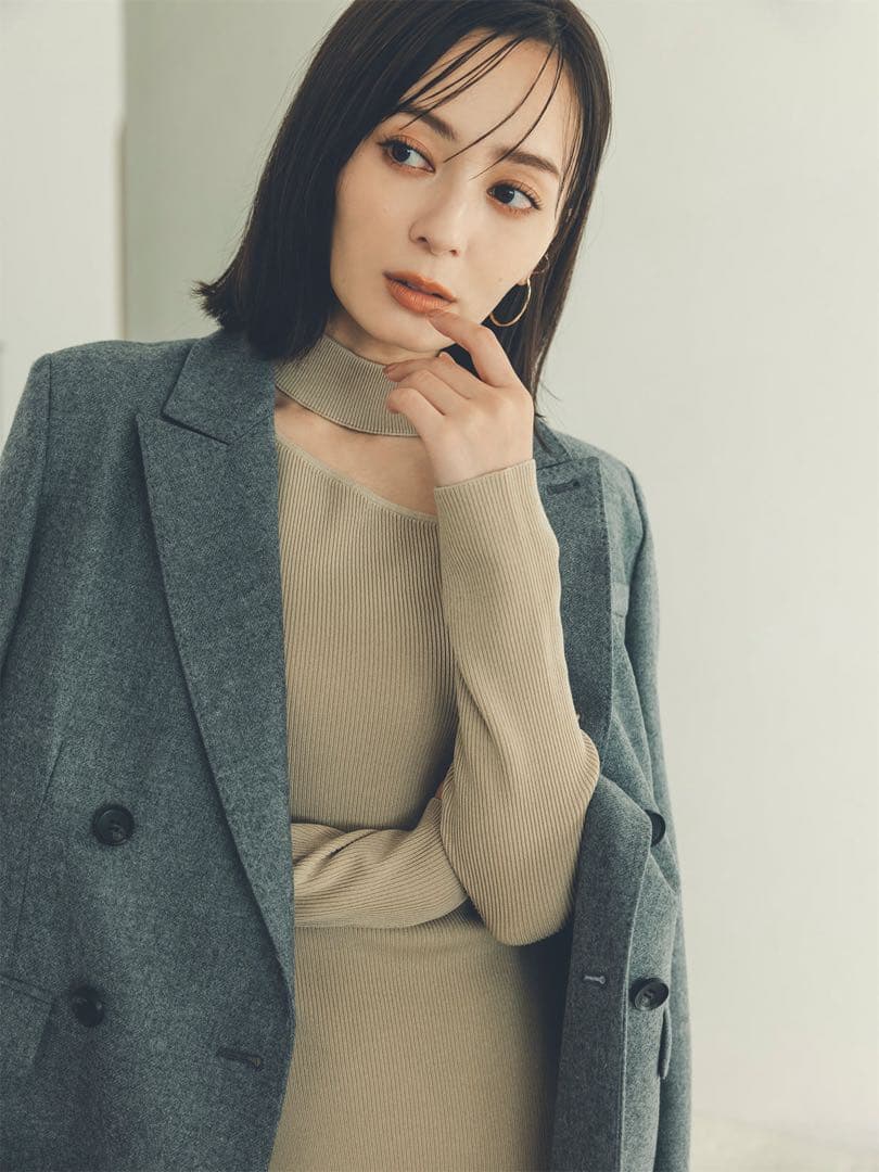 完売新品♡anuans デザインネックナローニットワンピース BEG S
