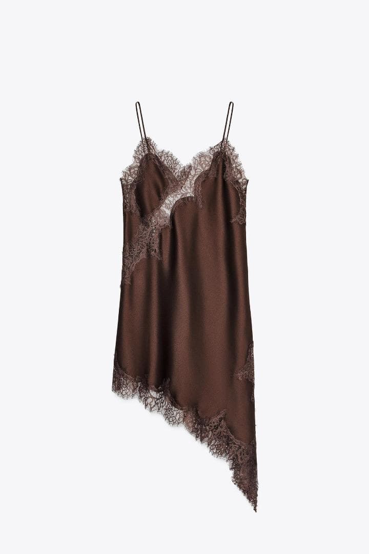 新品! ZARA アシンメトリーレースワンピース ブラウン S