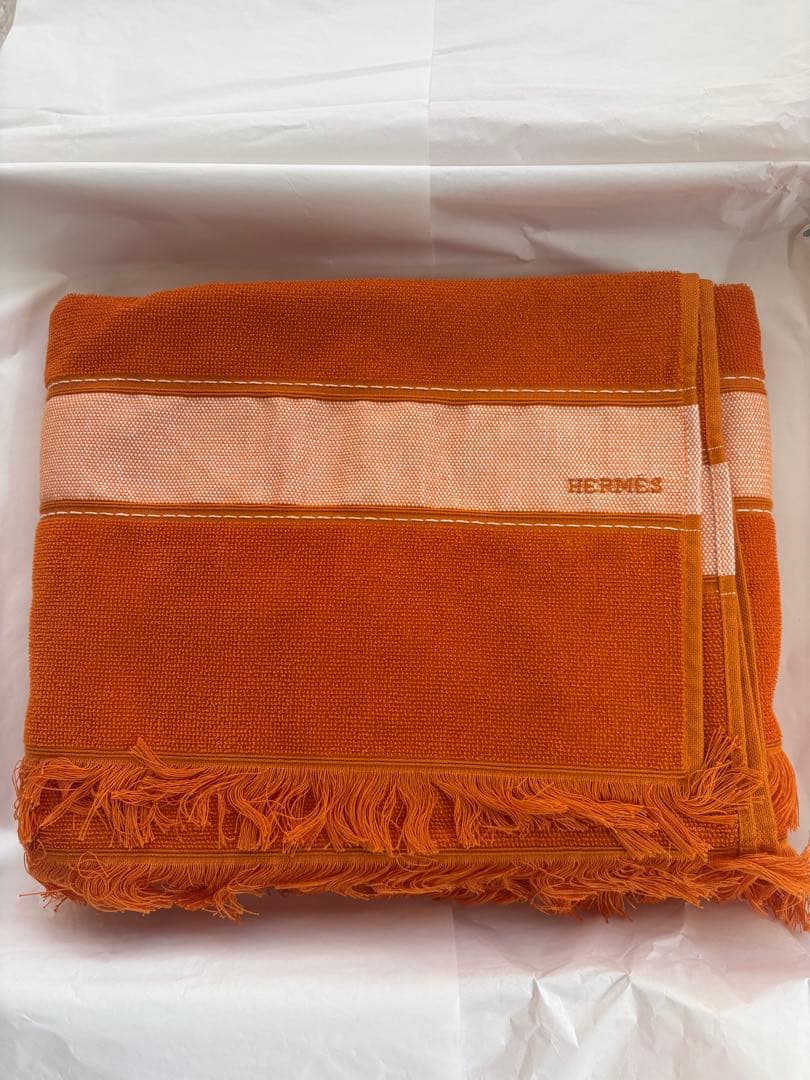 HERMES オレンジ バスタオル フリンジ付き