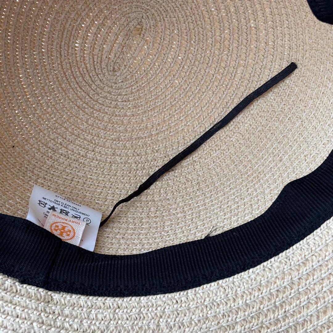 美品 トリーバーチ TORY BURCH 麦わら帽子 ラフィア リボン ロゴ