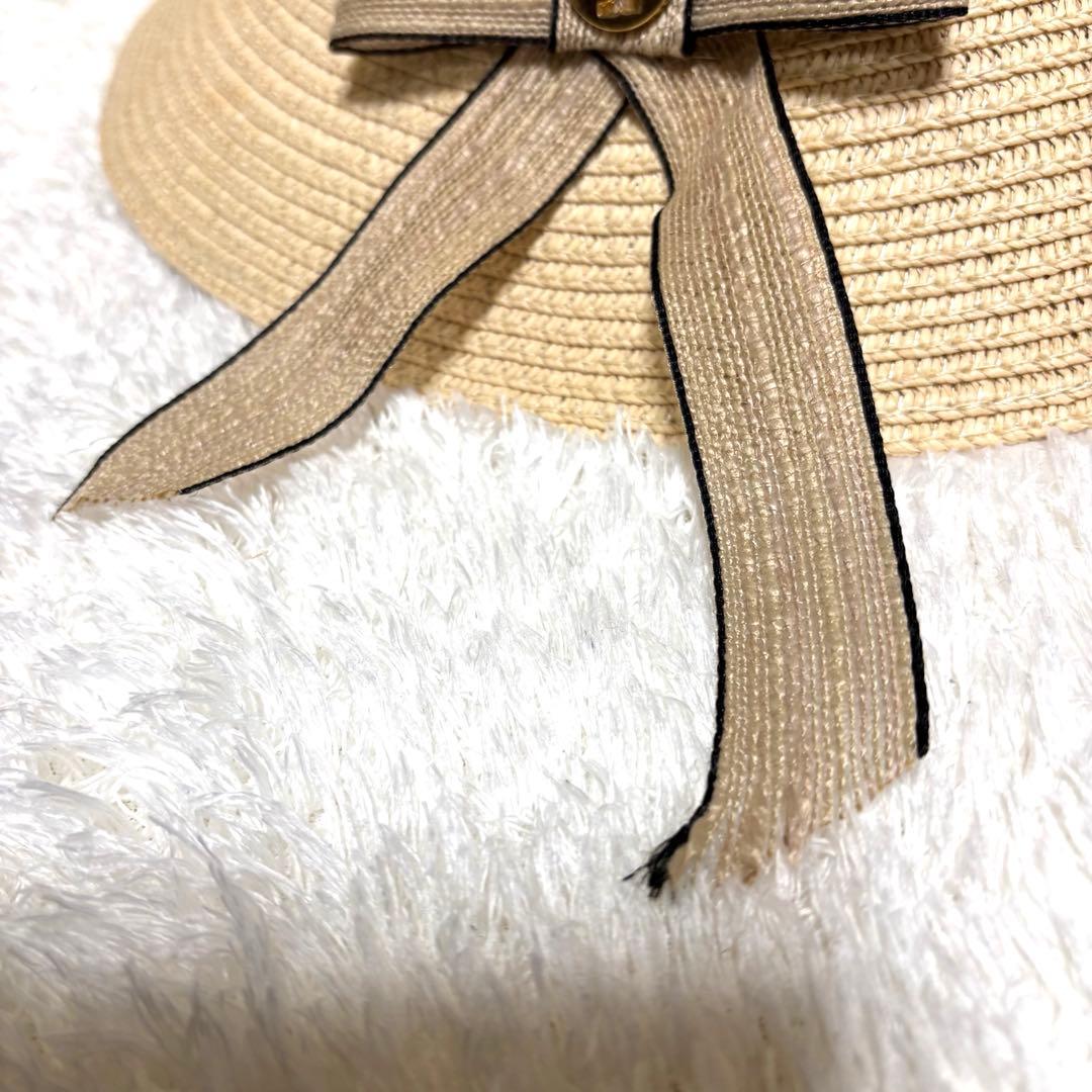 美品 トリーバーチ TORY BURCH 麦わら帽子 ラフィア リボン ロゴ