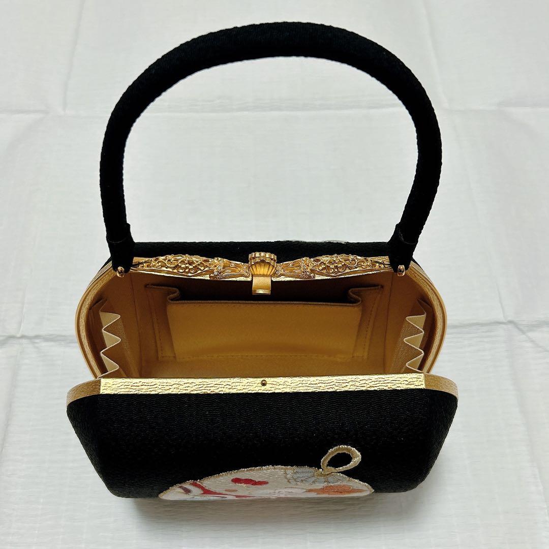 衿秀　振袖用バッグ　総刺繍　大鈴　橘　黒地　ブラック　成人式　正絹　金銀糸　逸品