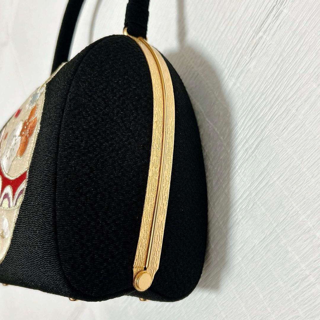 衿秀　振袖用バッグ　総刺繍　大鈴　橘　黒地　ブラック　成人式　正絹　金銀糸　逸品