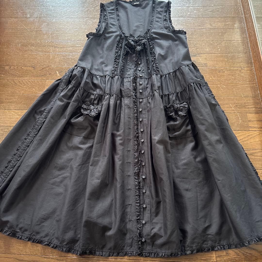 ピンクハウスワンピースタブリエ フリル付き黒ノースリーブロングワンピース