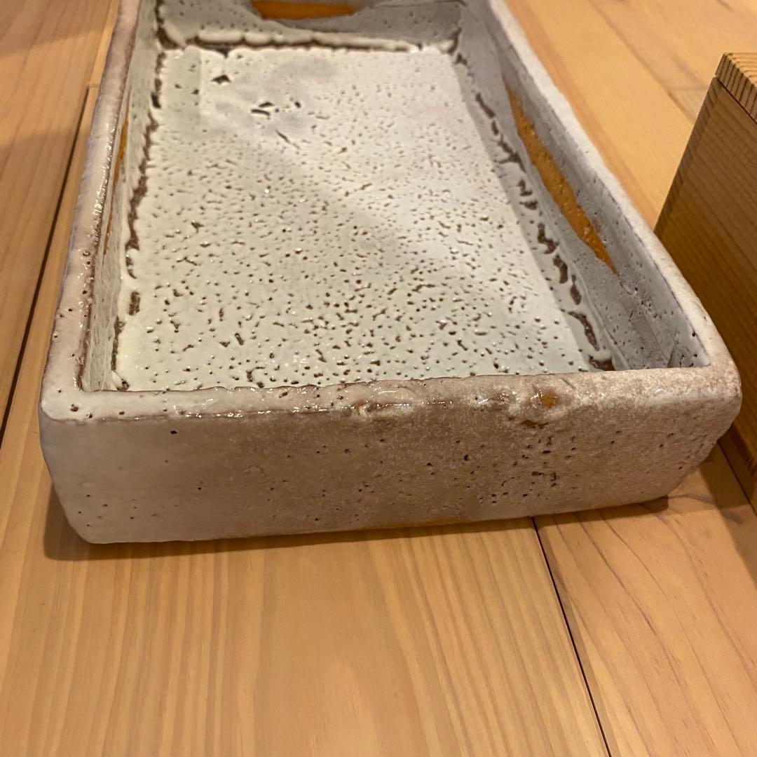 【萩焼】三輪栄造　長角皿 共箱共布付き