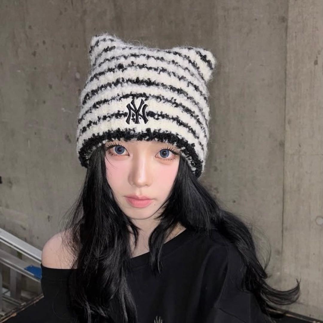 【新品未使用】韓国MLBビーニー ボーダー　karina 猫耳ニット帽　ミャオン