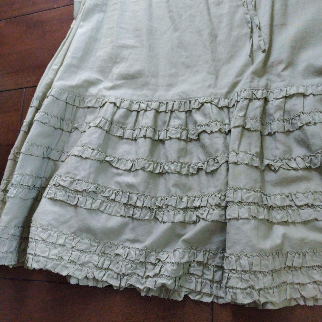 ピンクハウス オリーブグリーン フリルノースリーブロングワンピース