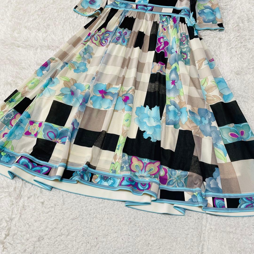 美品✨レオナール　カンカン素材 ロングワンピース　ベルト　花柄　ブルー　38M