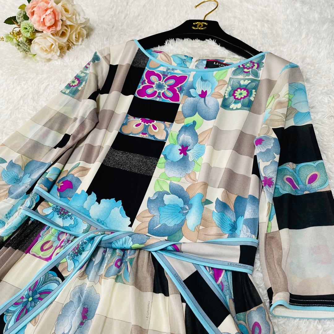 美品✨レオナール　カンカン素材 ロングワンピース　ベルト　花柄　ブルー　38M