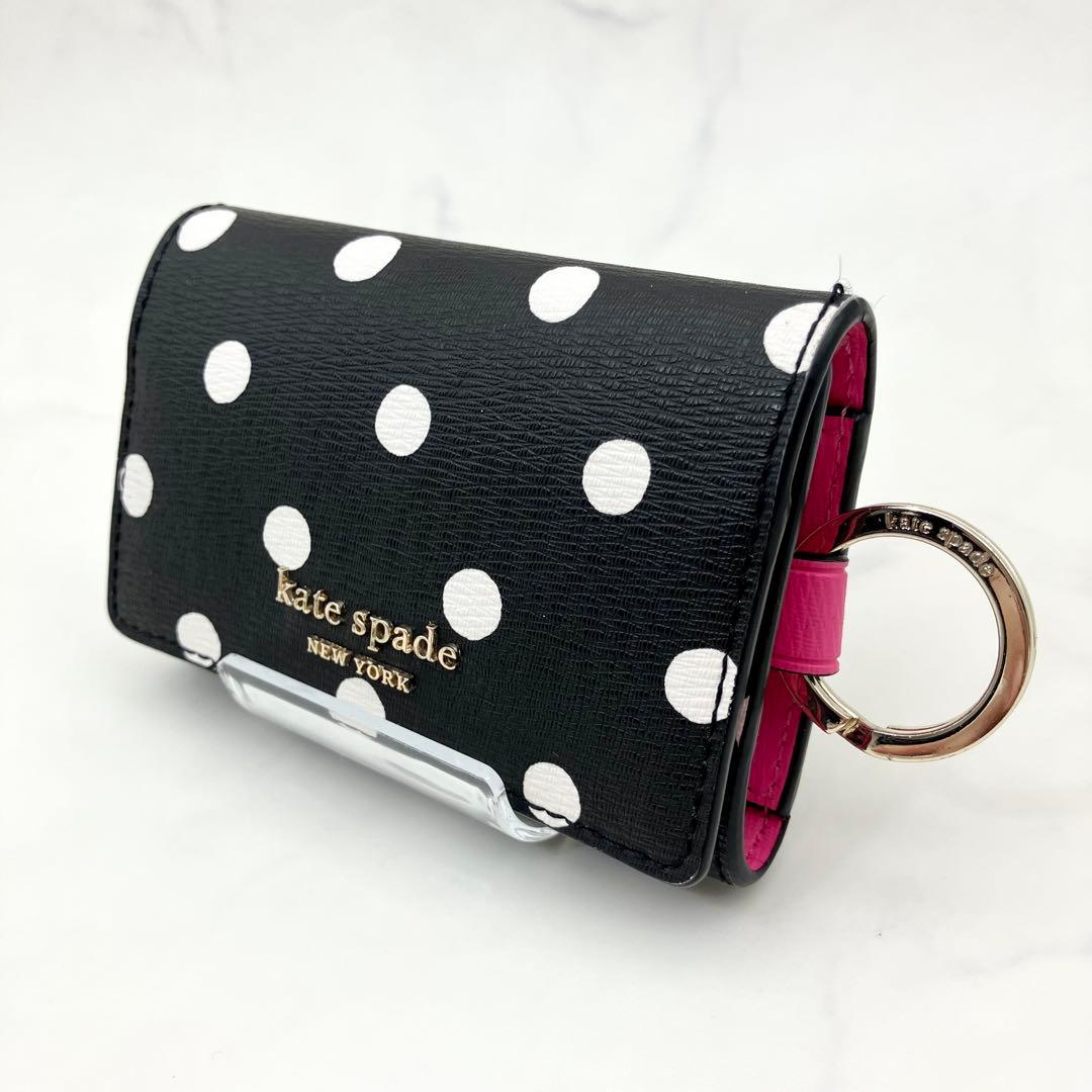 62【極美品/現行】kate spade 6連キーケース p本革ブラック 水玉