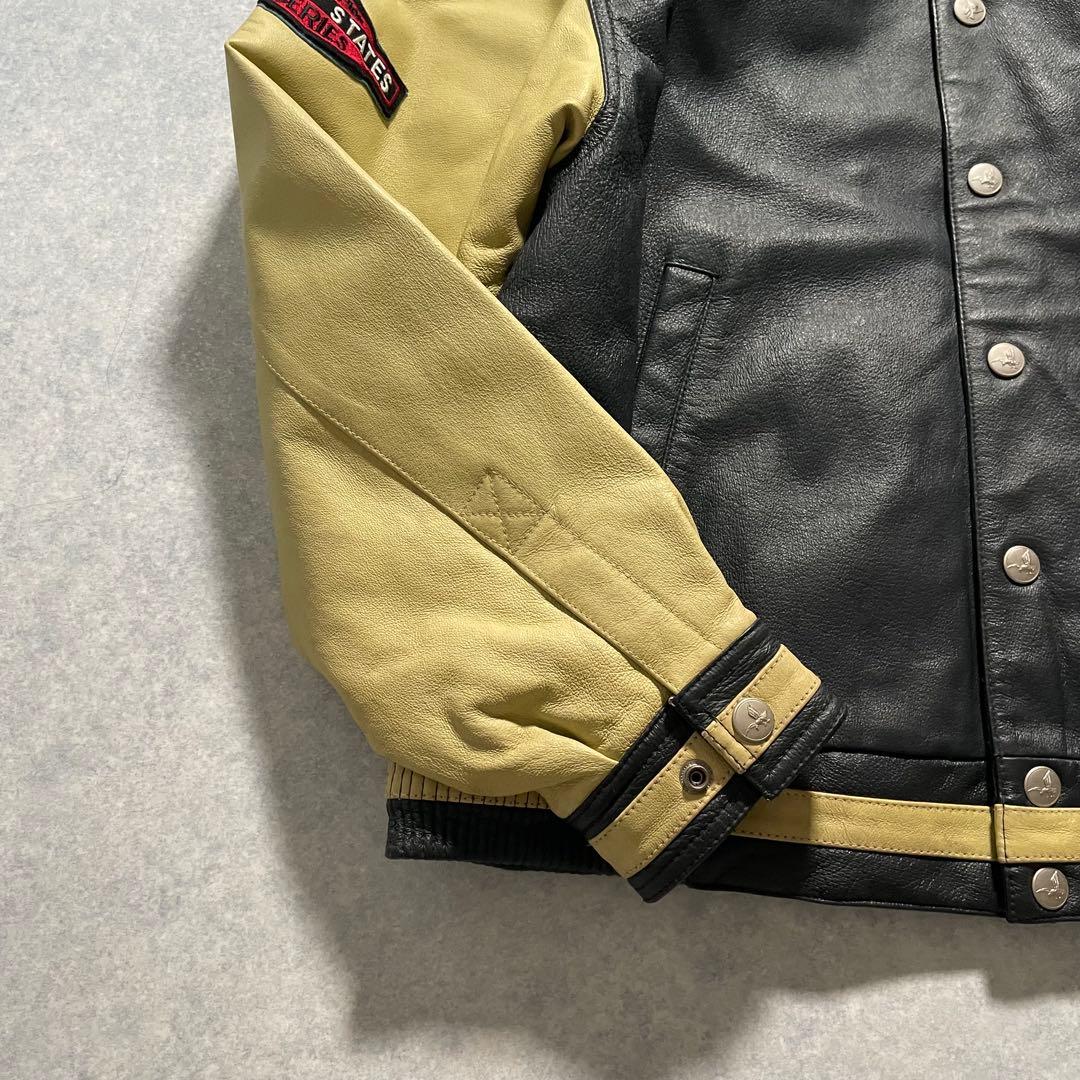 90s オールレザー スタジャン 本革 襟付き バックロゴ 古着 アメカジ Ｍ