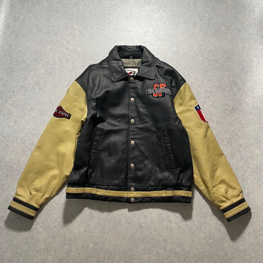 90s オールレザー スタジャン 本革 襟付き バックロゴ 古着 アメカジ Ｍ